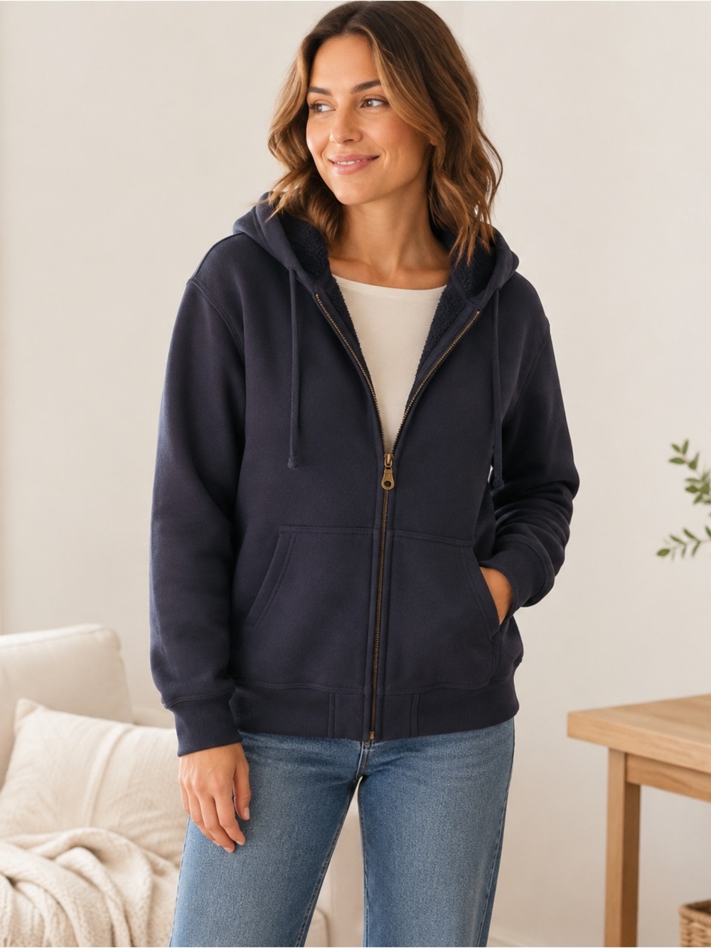 Berkley Jensen Navy Plush Lined Full Zip Hoodie Sweatshirt